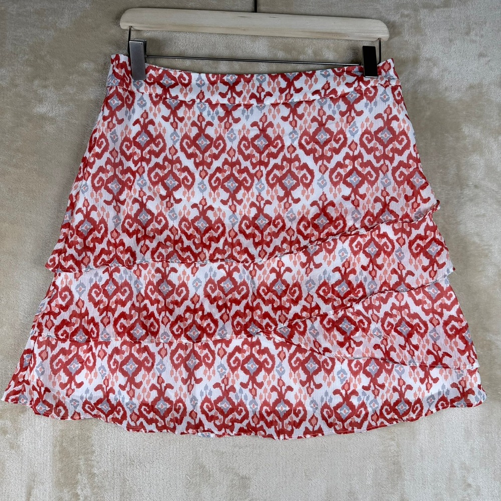 Garnet Hill‎ Womens Size 6 Red Grey Print 100% Silk Tiered Mini Skirt Summer